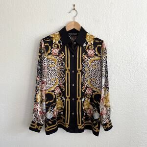 Vtg Linda Allard Ellen Tracy 100% Silk Baroque Floral Leopard Scarf Print Blouse